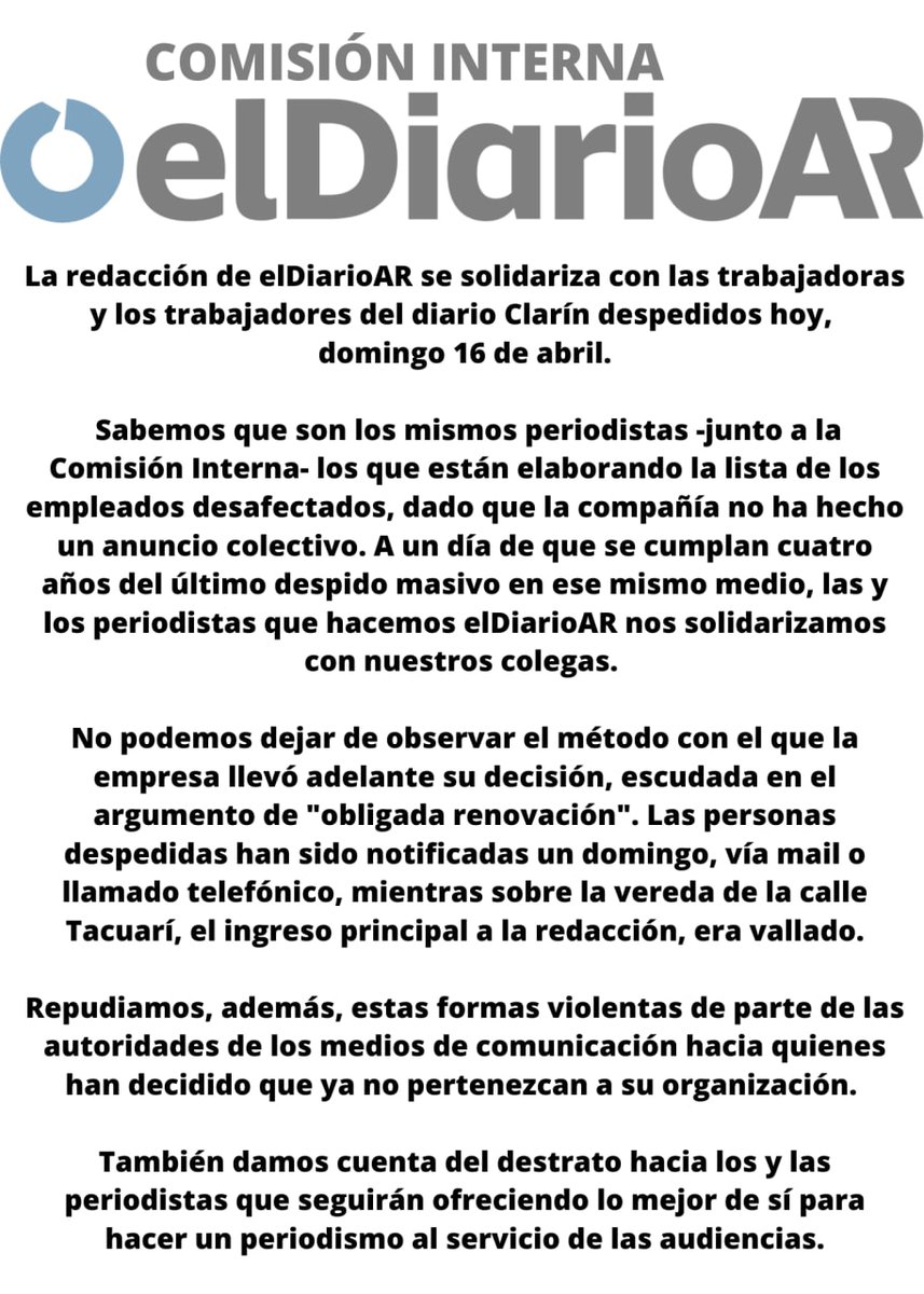 Enviamos nuestro abrazo solidario a lxs trabajadores de Clarín