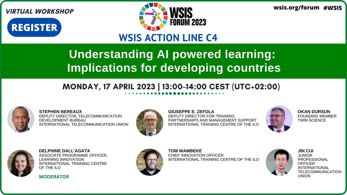 Join #WSIS Forum 2023 Action Line C4 workshop TOMORROW!
Learn how #AI is changing learning practices, behaviours &amp; policies as well as the implications for developing countries

REGISTER &amp; JOIN THE DISCUSSSION
ℹ️bit.ly/3MJXcWT

<a href="/ITU/">Int’l Telecommunication Union</a> <a href="/ITCILO/">ITCILO</a> <a href="/stephen_bereaux/">Stephen Bereaux</a> <a href="/tomwambeke/">tom wambeke</a>