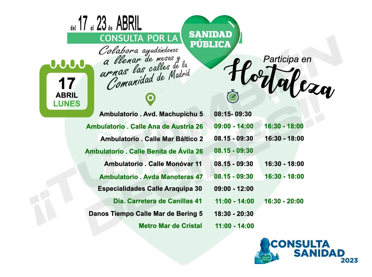soci_manoteras's tweet photo. 📢Desde mañana 17 al domingo 23 se realizará la #ConsultaCiudadana sobre la #SanidadPublica en #Madrid
Os dejamos el cartel de las de #Hortaleza para mañana
📅lunes 17/4
con los horarios y lugares
Desde @soci_manoteras también colaboramos
📅17/4
⏰️16:30➡️18:30
📍#CSMonovar https://t.co/FOmpKhHRfh
