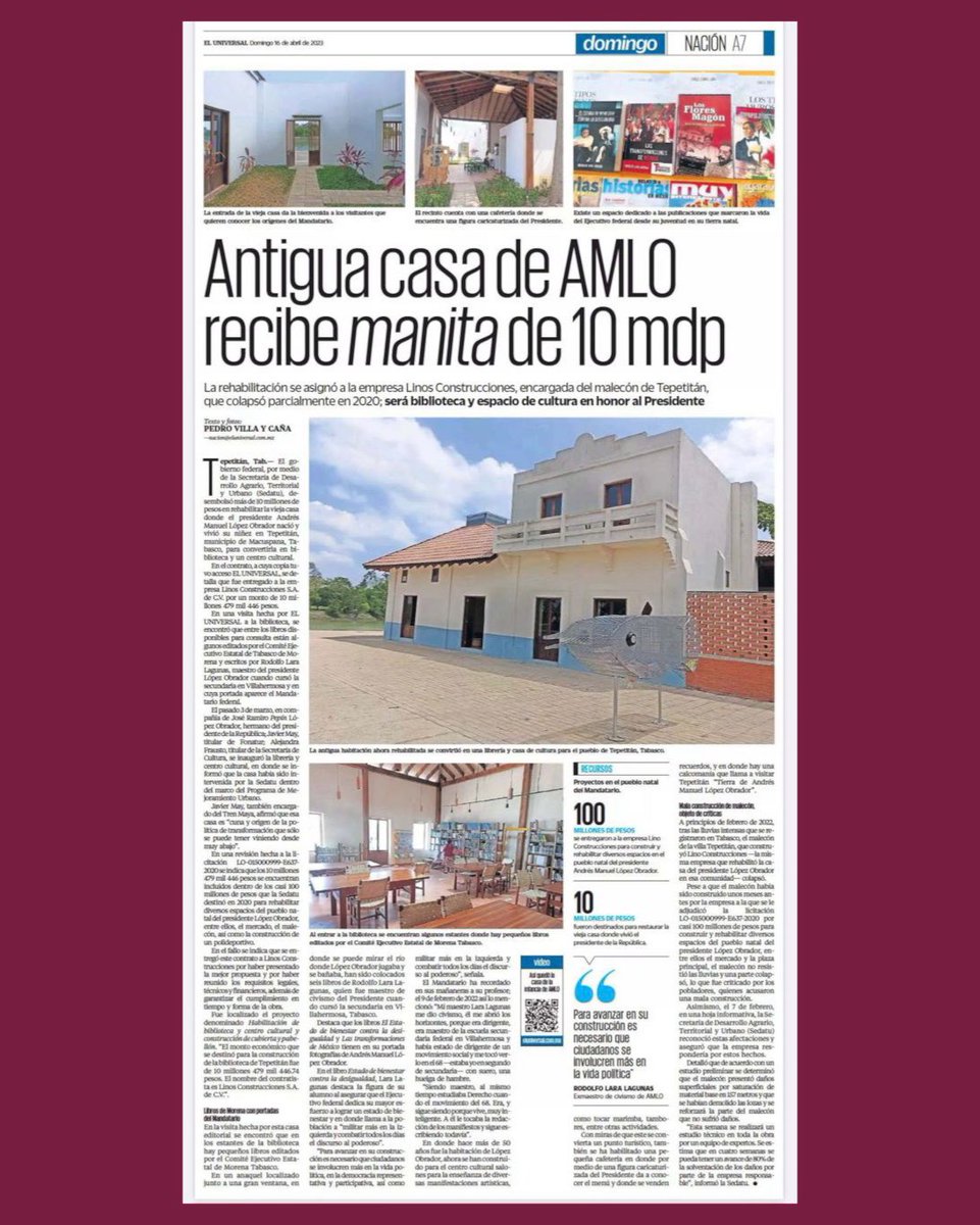 JTrianaT's tweet photo. "El gobierno federal, desembolsó más de 10 millones de pesos en rehabilitar la vieja casa donde el presidente @lopezobrador_ nació y vivió su niñez"

Esto ya había sucedido en sexenios anteriores, lo cual NO justifica que se haga hoy.

Dijeron ser diferentes, son peores. https://t.co/sUZ3aJ279s