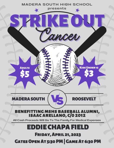 Next Friday, 4/21, our game vs Roosevelt will be a strike out cancer game in honor of former Stallion (2012) Isaac Arellano! All proceeds will go to Isaac and his family for medical expenses.  JV game is at 3:30, followed by a 6:30 Varsity start.  Let’s pack Eddie Chapa Field!