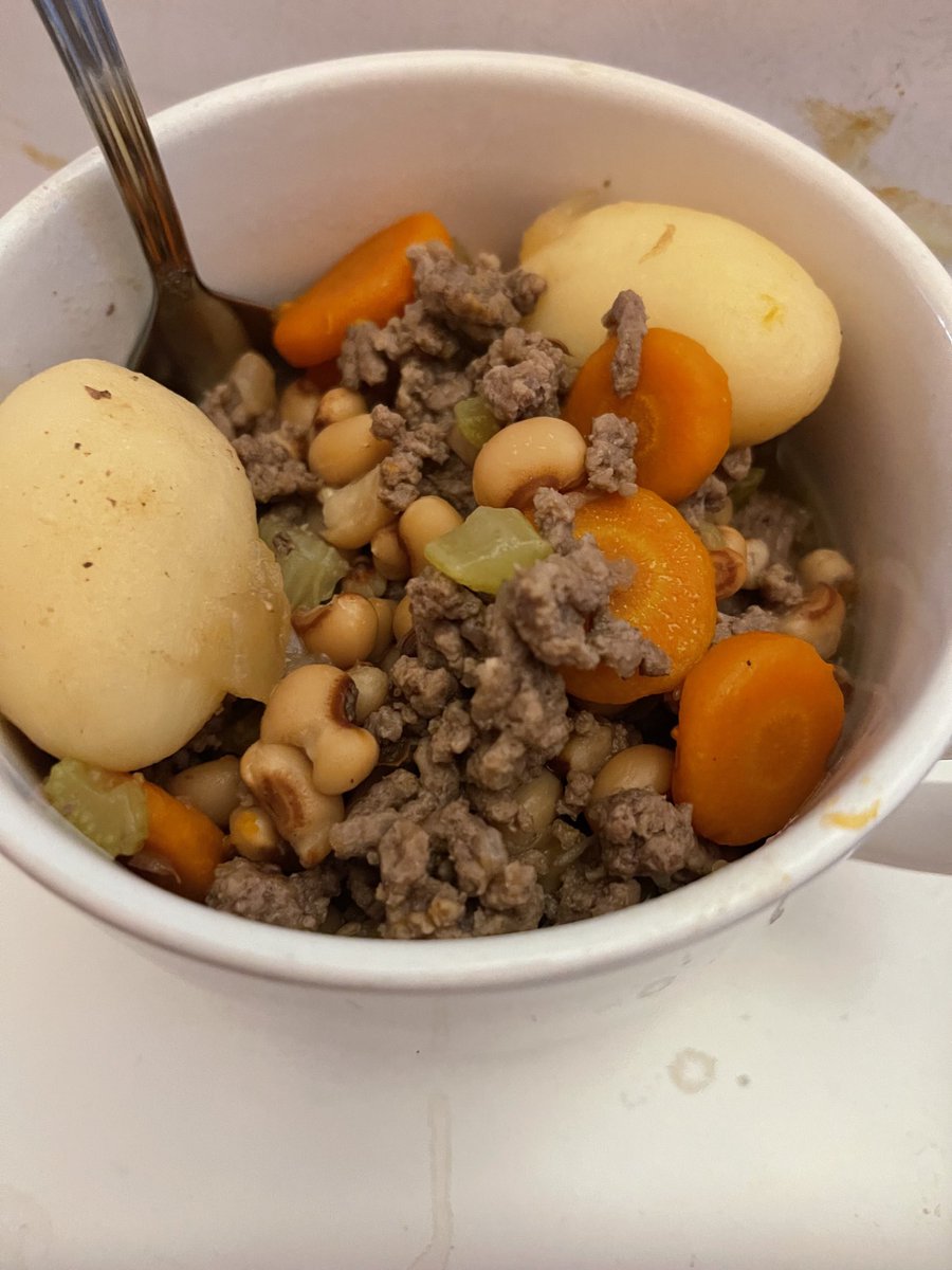 My brother cooked one of my favorite meals for tonight even though he doesn’t like it himself. It’s hillbilly one pot. It has hamburger meat, celery, onion, carrots, potatoes, a container of beef stock and black-eyed peas.