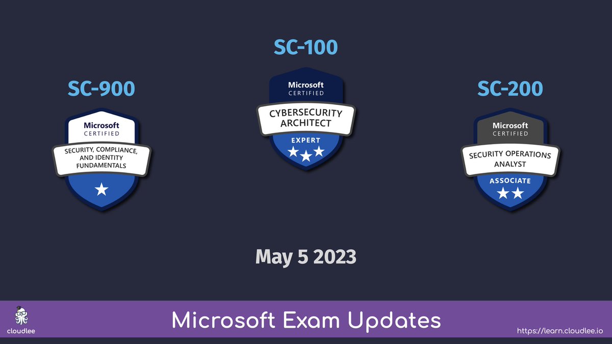 jamesdplee's tweet photo. FYI updates to several SC exams incoming May 5. 

🔐 SC-900
Only very minor changes.
https://t.co/oxkxLO0vq6

🔐 SC-100
Significant changes, deletions, and additions.
https://t.co/S2HXahk5PE

🔐 SC-200
Several minor and major changes.
https://t.co/qW7tJodyiY https://t.co/WQqgbvjNOV