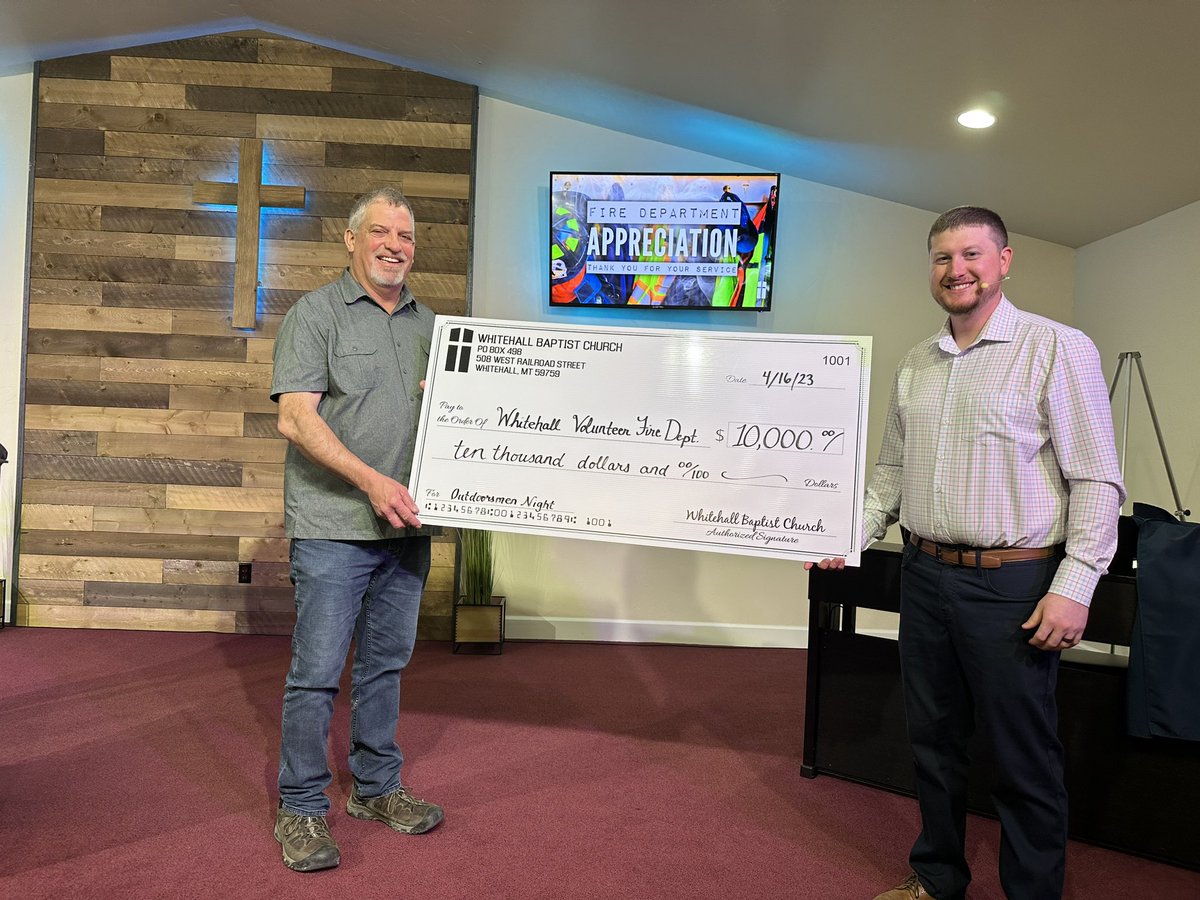 kyle_gilstrap's tweet photo. Today we capped our Outdoorsman Night event by finally presenting our fundraising check to our local VFD! What an honor for our little church to give them $10k! We are building roads into our community so we can effectively give the Gospel! #RevivalNW #WhitehallMT https://t.co/LjFzMWJRft