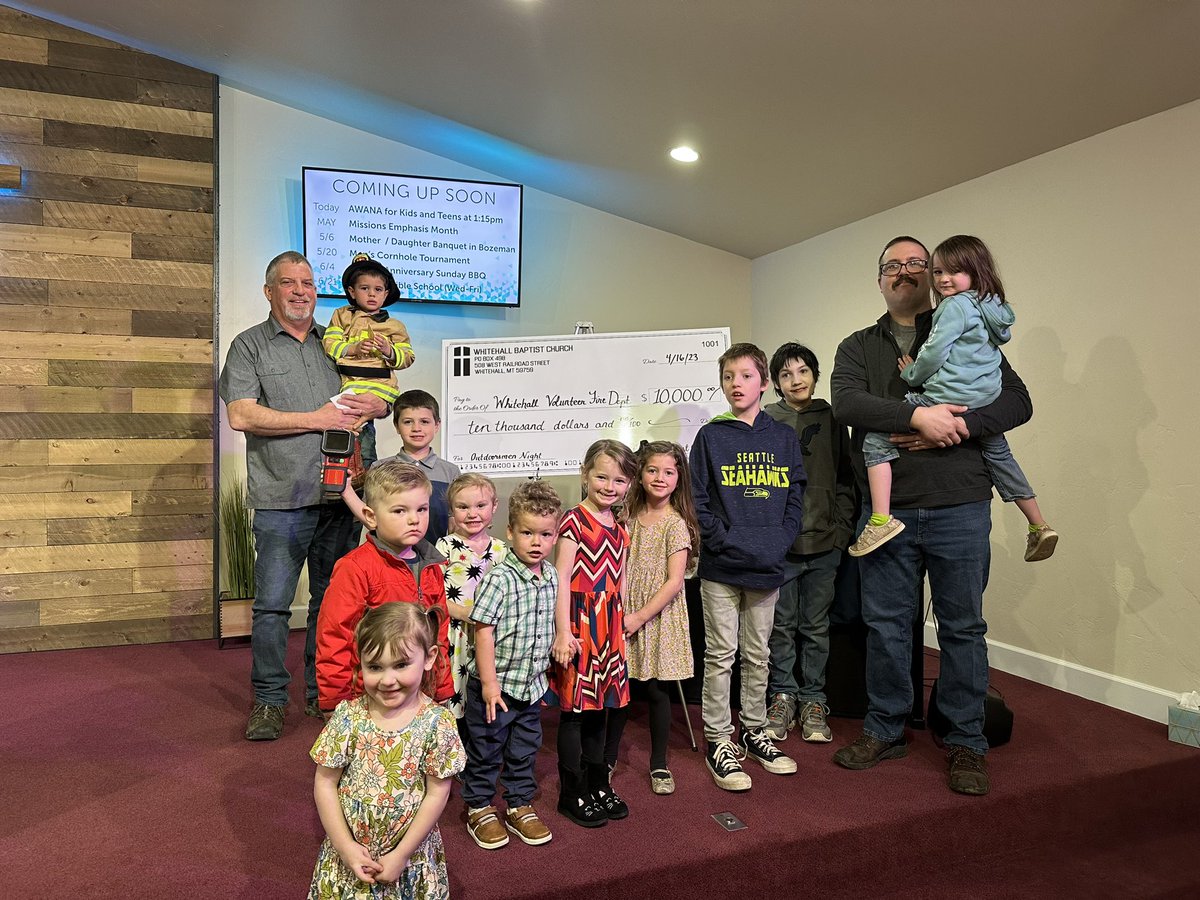 kyle_gilstrap's tweet photo. Today we capped our Outdoorsman Night event by finally presenting our fundraising check to our local VFD! What an honor for our little church to give them $10k! We are building roads into our community so we can effectively give the Gospel! #RevivalNW #WhitehallMT https://t.co/LjFzMWJRft