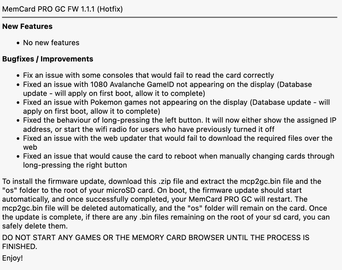 8bitmods's tweet photo. Oops! Looks like we messed up a bit with the previous firmware update! 🫣
But don't worry, the #MemCardPROGC Hotfix Update v1.1.1 is now available!
You will have to manually apply this update as well, so grab the files from here:
💾 | https://t.co/82NspfMd9n https://t.co/Ua1oI42Kku