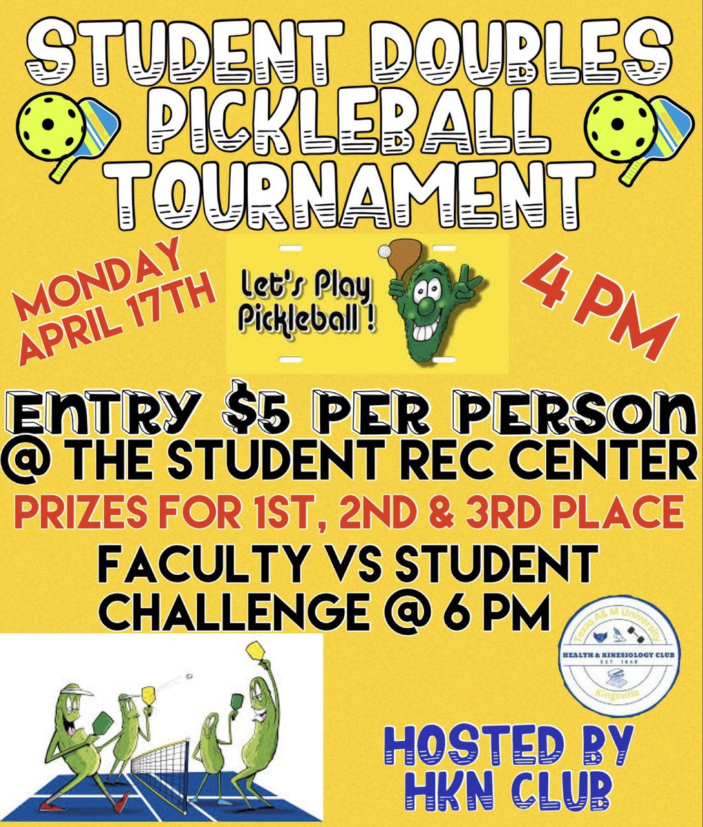 Tomorrow (April 17th) we will be hosting our Student Double Pickleball Tournament @ 4pm! The entry fee is $5 per person &amp; will be held at the Student Rec Center. There will be prizes for our 1st, 2nd, and 3rd place winners⭐️ Faculty vs Students starting <a href="/6/">Adrián Lamo</a>. Come win some prizes!!