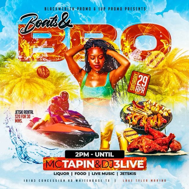 BlackWealthFam's tweet photo. Black Wealth Promo &amp; 1UpPromo Presents 

BOATS &amp; BBQ 04/29

@TheButcherWay/ @Mc_TapIn

Liquor/Food/Good music &amp; BOATS 
WHAT ELSE U NEED?

2pm- Till

Lake Tyler Marina Resort

#BlackWealthPromo #WealthyBaddies https://t.co/N1dOR3tCFS