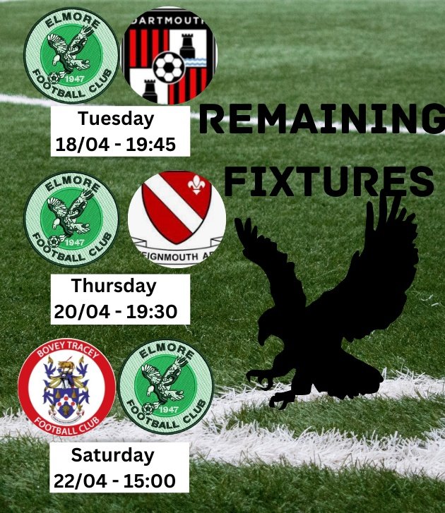 Elmore AFC (@elmoreafc) on Twitter photo Football Frenzy with Elmore AFC this week:
Monday
<a href="/Elmore2nds/">Elmore AFC 2nds</a> vs @ClystValleyFC
Tuesday
<a href="/ElmoreAFC/">Elmore AFC</a> vs <a href="/DartmouthAFC/">Dartmouth AFC</a>
Thursday
<a href="/ElmoreAFC/">Elmore AFC</a> vs <a href="/TeignsFC/">Teignmouth AFC</a>
Saturday
<a href="/Elmore2nds/">Elmore AFC 2nds</a> vs <a href="/AlphingtonAFC/">Alphington AFC</a>
Get yourself down to Horsdon Park
<a href="/swpleague/">WALTER C. PARSON PENINSULA LEAGUE</a> <a href="/DevonExeterLge/">Stitch2Print Devon & Exeter Football League</a> <a href="/swsportsnews/">South West Sports News</a>
#eagles Football Frenzy with Elmore AFC this week:
Monday
<a href="/Elmore2nds/">Elmore AFC 2nds</a> vs @ClystValleyFC
Tuesday
<a href="/ElmoreAFC/">Elmore AFC</a> vs <a href="/DartmouthAFC/">Dartmouth AFC</a>
Thursday
<a href="/ElmoreAFC/">Elmore AFC</a> vs <a href="/TeignsFC/">Teignmouth AFC</a>
Saturday
<a href="/Elmore2nds/">Elmore AFC 2nds</a> vs <a href="/AlphingtonAFC/">Alphington AFC</a>
Get yourself down to Horsdon Park
<a href="/swpleague/">WALTER C. PARSON PENINSULA LEAGUE</a> <a href="/DevonExeterLge/">Stitch2Print Devon & Exeter Football League</a> <a href="/swsportsnews/">South West Sports News</a>
#eagles