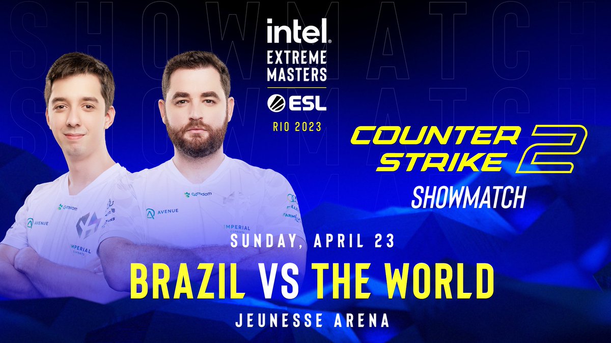 IEM's tweet photo. The first two confirmed players in the Brazil vs. The World Counter-Strike 2 show match! 🇧🇷🌎

@FalleNCS &amp; @vini will be representing Brazil in the Jeunesse Arena on April 23rd! 🇧🇷🇧🇷

Who else do you want to see in the server?

#IEM https://t.co/h5xOER0vBz