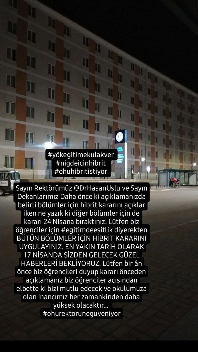 #nigdeicinhibrit #nigdeicinhibrit 
#egitimdeesitlik 
#ohuicinhibrit 
#ohurektoruneguveniyor 
#nigdehibritistiyor 
<a href="/DrHasanUslu/">Hasan USLU 🇹🇷🥇</a>
24 Nisan da açıklanacak kararın 17 Nisanda belirlenmesini istiyoruz. Lütfen sayın yetkililer sesimizi duyunuz !!