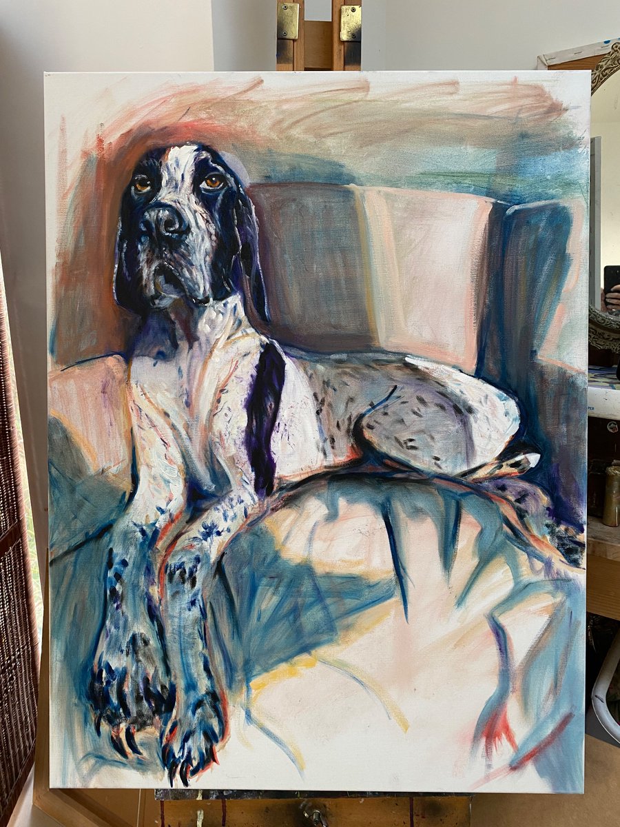 ArtyElk's tweet image. Well, apparently, Pippa is trending; I’ve told her, but she didn’t seem bothered at all… #Pippa #lovemydog #EnglishPointer #dogs #pets #petportrait #artist #cornwallhour