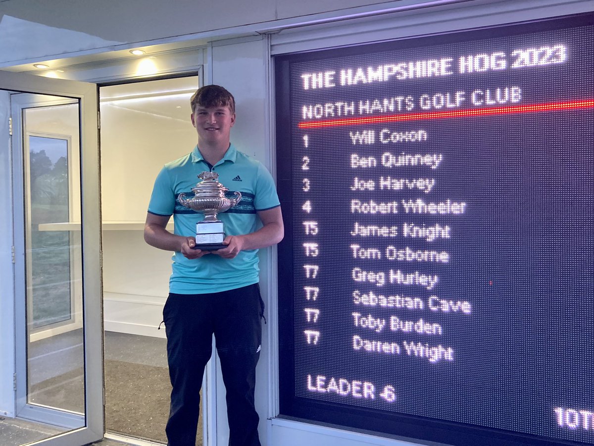 NorthHantsGC's tweet photo. Congratulations to Will Coxon from for winning the Hampshire Hog after a play off against Ben Quinney. Both were 6 under for 36 Holes & Will won on the 2nd extra hole after rounds of 67 & 67 for an aggregate score of 134. Well done Will & many thanks to all our member volunteers https://t.co/tNb8ibV6Z7