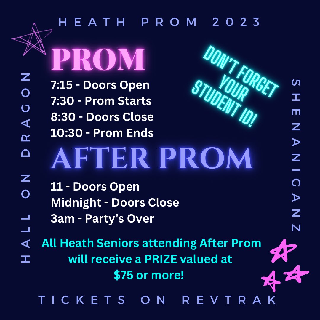 RHHS23SrParents's tweet photo. Check your Skyward email for Prom and After-Prom tickets details.  Thanks to our incredible community and donors, all Heath Seniors attending After Prom at @shenaniganzfun will receive a $75+ prize!!! https://t.co/scejhuF9za