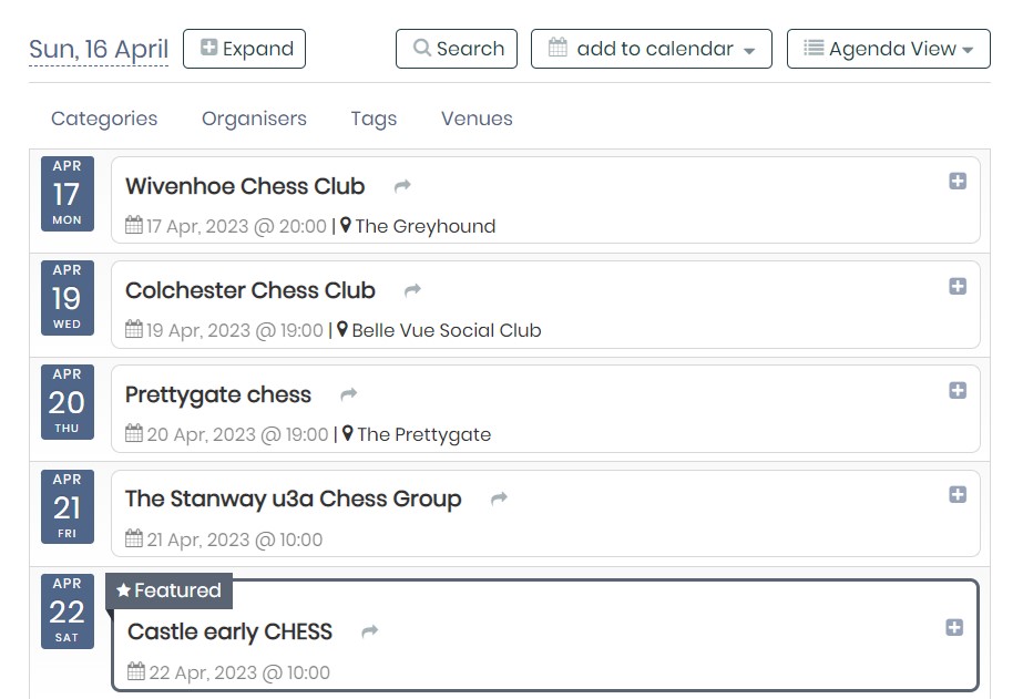 ChessInColter's tweet photo. Colchester chess clubs and meetups for week beginning 17 April - live version at https://t.co/9NPEStOuq0 #chess #colchester #pubchess #clubchess #wivenhoe #stanway #u3a https://t.co/tXGDNBnpWN