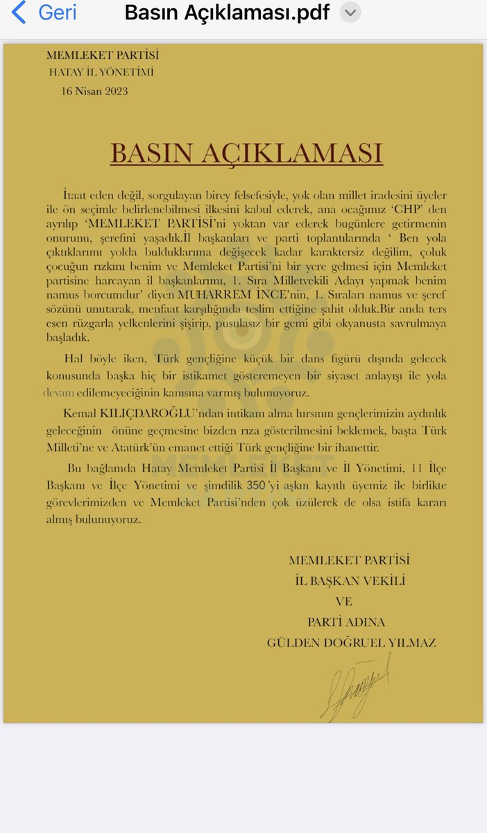 Son dakika… 12 ilçe başkanının istifa ettiği Hatay’da biraz önce il başkanı da istifa etti. 

‘Muharrem ince verdiği namus ve şeref sözlerini unuttu. Tek amacı Kemal Kılıçdaroğlu’ndan intikam almak. 350 üyemizle birlikte partiden istifa ediyoruz’