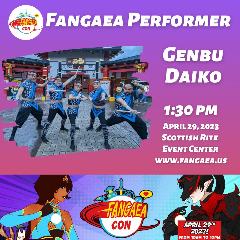 FangaeaCon's tweet photo. Today's featured performer is Genbu Daiko π₯ One of San Diego's preeminent taiko drumm groups, catch their performance at Fangaea 2023 on Saturday April 29 π
#fangaea #fangaeacon #fangaea2023 #featuredperformer #performer #flutist #sdconvention #sandiegoconvention #sandiego https://t.co/9I5umZmuyd