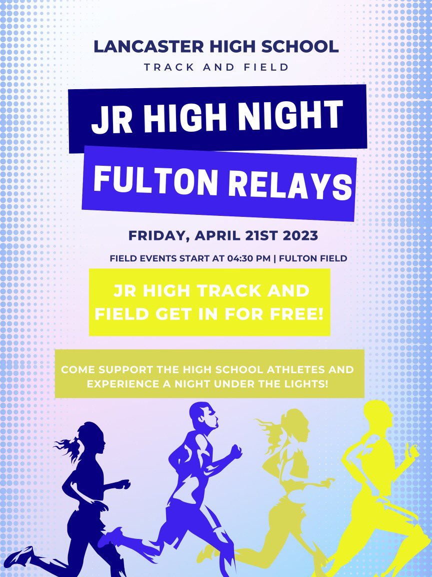 LadyGalesTandF's tweet photo. Lancaster junior high track and field teams are invited to join us for Fulton Relays and senior night Friday, April 21st. #thisisyourfuture #futureGales #GalesTrackandField https://t.co/EgRvNDhc9w