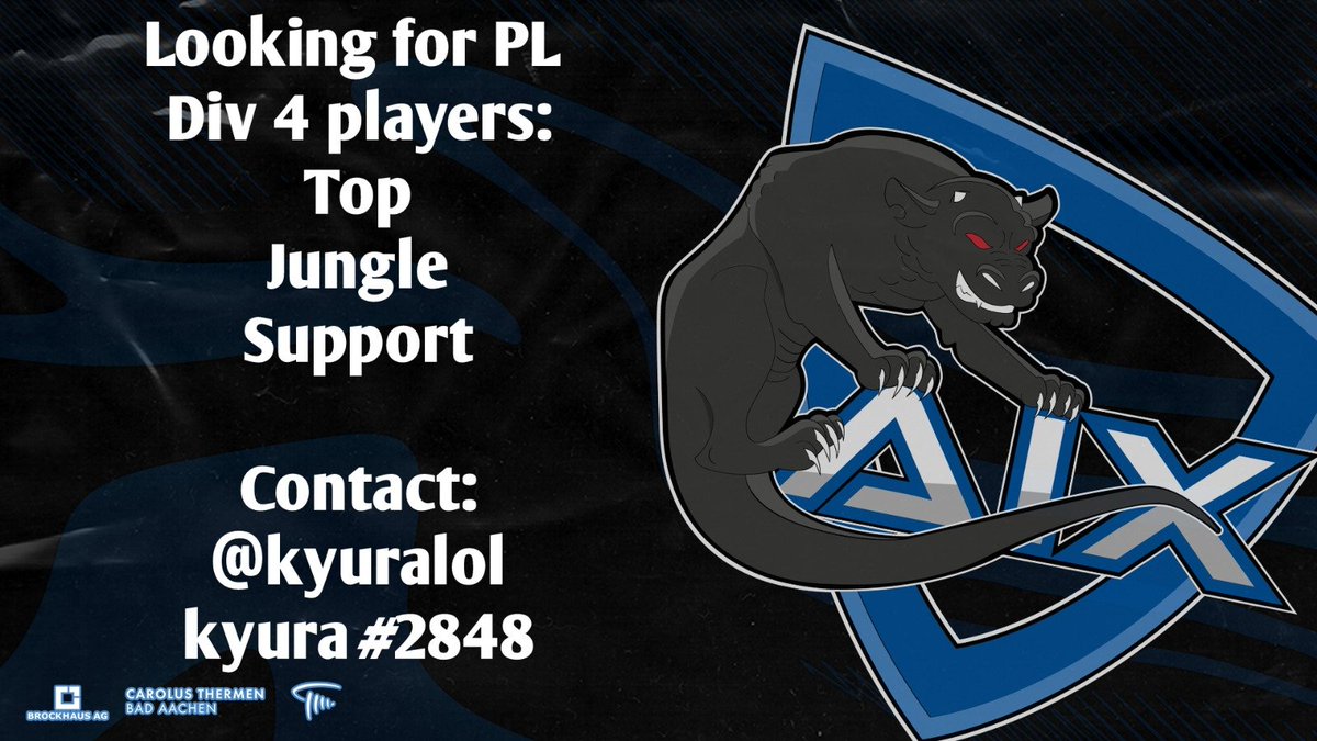 Hallo! Wir bei AIX eSports suchen auch im kommenden Split wieder nach motivierten Neuzugängen, die Lust haben, die Primeleague DIV 4 unsicher zu machen. Wenn du interessiert und mindestens D1/Master bist, melde dich auf Discord bei kyura#2848