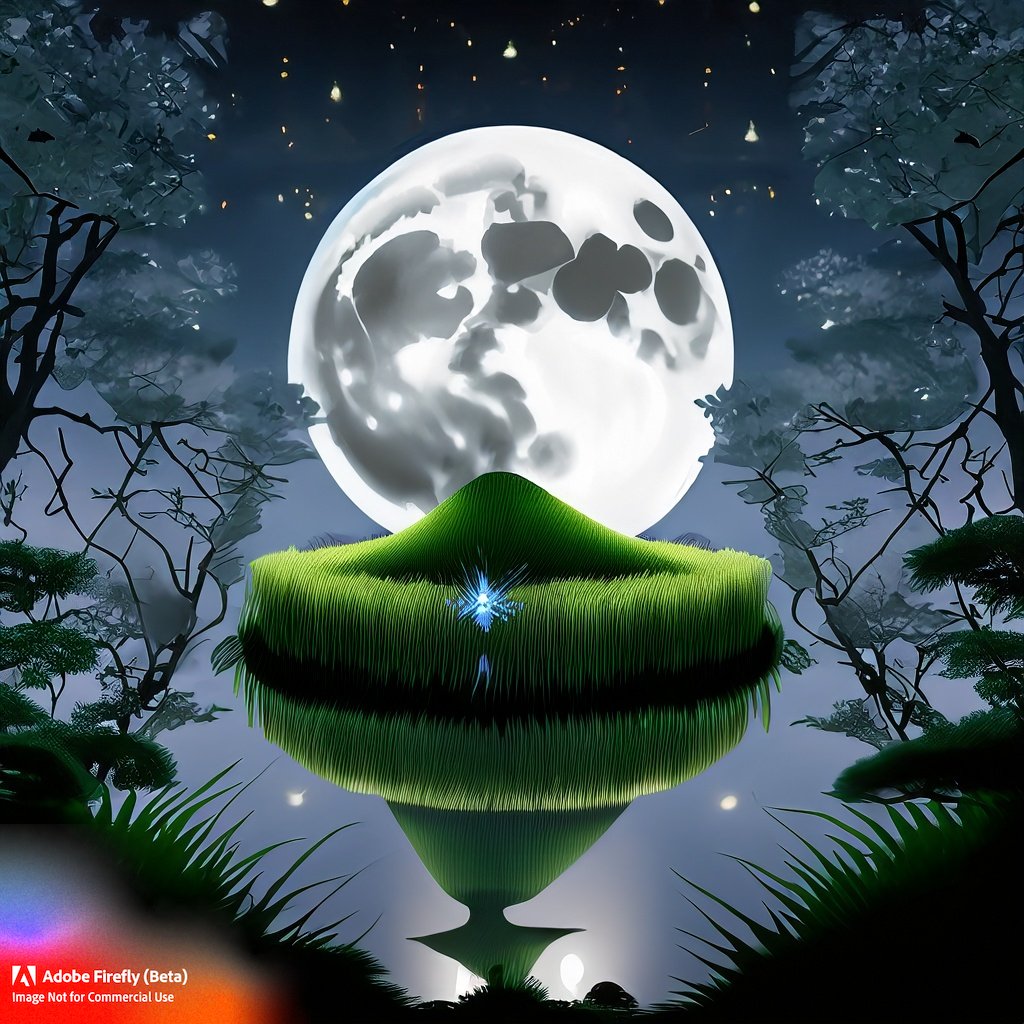 Mixing grass, moon, and a wizard's soul creates the 'grassmoon,' a magical entity that shines in the forest at night. It heals with its powers and shows mystical dreams, but only those with pure hearts and a strong belief in magic can see it.#AdobeFirefly