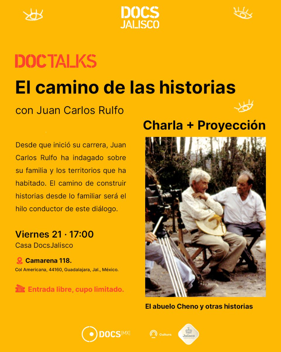 #DocsJalisco2023 #DocTalks
El cineasta Juan Carlos Rulfo ofrecerá una DocTalk sobre el camino para construir historias, una charla imperdible acompañada por la proyección especial del documental «El abuelo Cheno y otras historias».

Te esperamos en Casa DocsJalisco.
