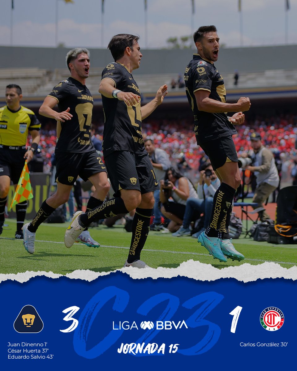 ¡¡Triunfo Auriazul!! @PumasMX venció a Toluca y de momento se coloca en puestos de #FaseFinal. #LigaBBVAMX ⚽ #Clausura2023