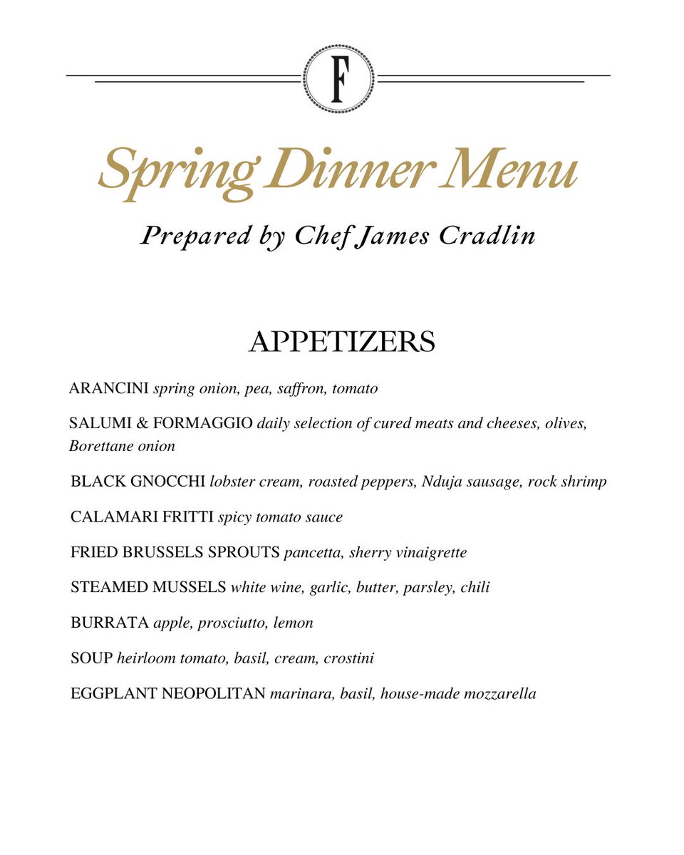 FlorianaDC's tweet photo. We're welcoming spring with a new menu from head chef James Cradlin! You'll find creative, culinary ventures like the Triestine salad, cipollotto gnocchi, and braised duck leg alongside all of your Floriana favorites. Which dish are you most excited to try?⁣ #newmenu https://t.co/tbTeTTPxOf