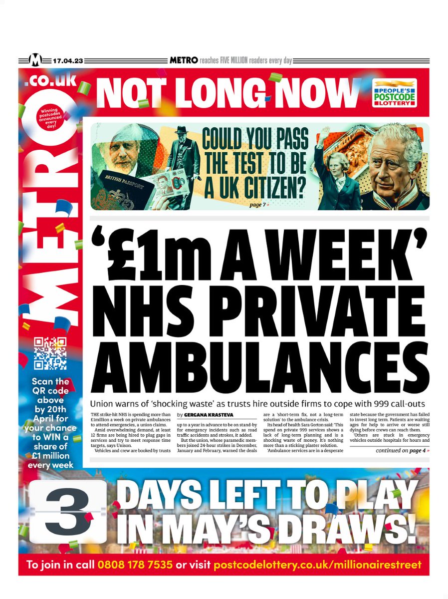 MetroUK's tweet image. Tomorrow&apos;s Paper Today 📰

&apos;£1m A WEEK&apos; NHS PRIVATE AMBULANCES

🔴 Union warns of &apos;shocking waste&apos; as trusts hire outside firms to cope with 999 call-outs
 
#TomorrowsPapersToday