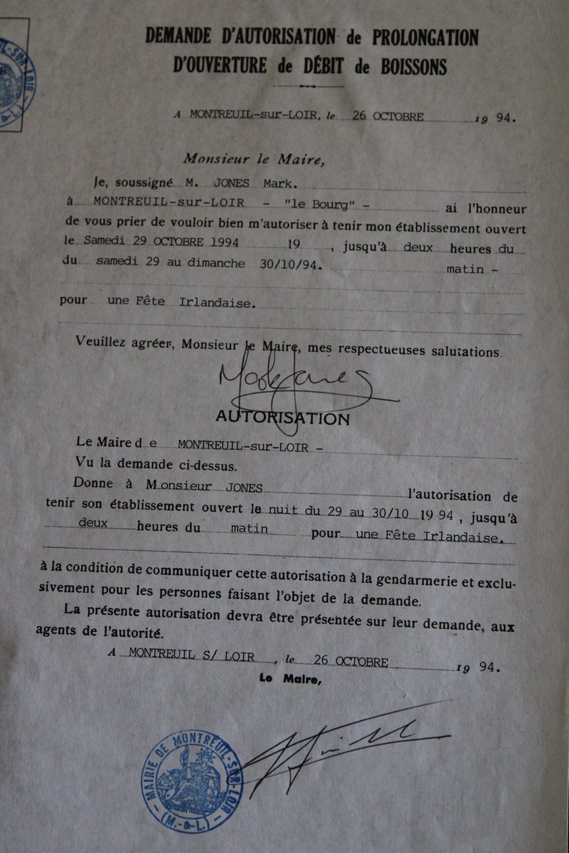 Scouse Stories,
Mine was the first bar to celebrate Halloween in this part of France. 
Today I found my permit for an extension.
I remembered I spent 2 hours trying to explain Halloween to the Maire...
In the end, completely confused he just wrote Irish Festival
<a href="/angiesliverpool/">Angies Liverpool</a>