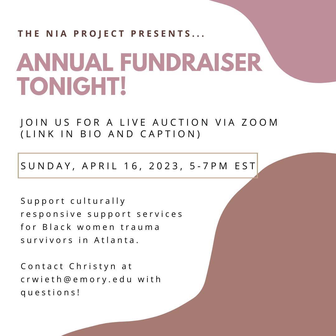 Join us for our annual fundraiser this evening, 5-7pm via Zoom!

Zoom Meeting ID: 6213030759, Passcode 052957

Keep bidding here!! :) biddingowl.com/TheNiaProject