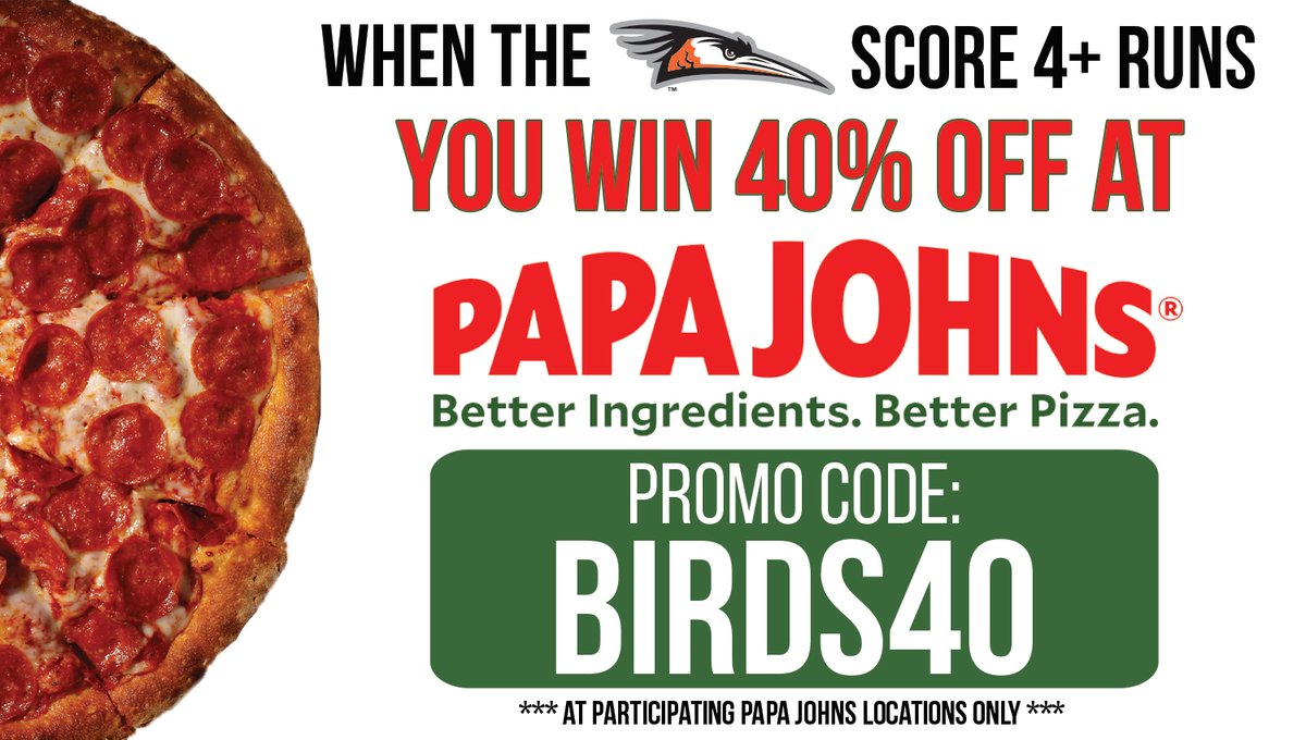 shorebirds's tweet photo. The Shorebirds have scored 4 runs on April 16 and YOU now win 40% off YOUR ENTIRE ORDER at Papa Johns Pizza today and tomorrow at https://t.co/NZx0Dk0oj7! Use promo code: Birds40 to get 40% off your entire order at your local participating Papa Johns when ordering online! https://t.co/mMO7OYo5bD
