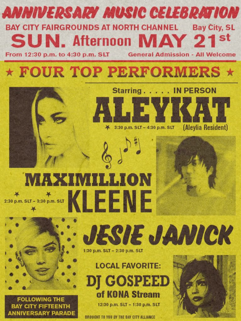 Announcing Bay City’s 15th Anniversary Celebration! 21 May, 2023. Parade down Route 66 starting at 12:30 pm SLT. Performances in the Bay City Fairgrounds from 12:30-4:30 pm SLT featuring DJ GoSpeed of KONA Stream, Jesie Janick, Maximillion Kleene, and AleyKat (Aleylia Resident).