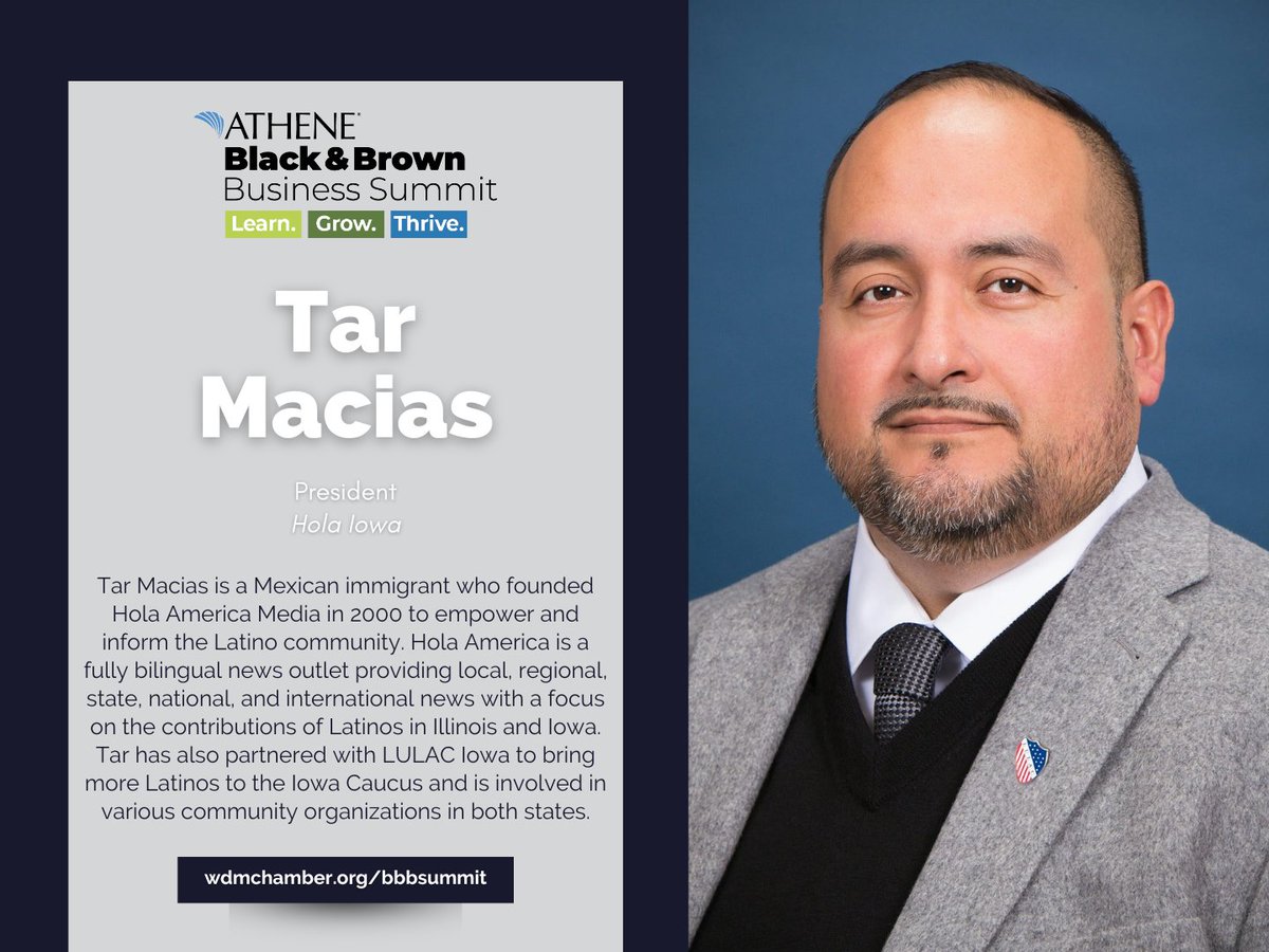 Speaker Spotlight: Tar Macias

Tar is the President of <a href="/HolaIowa/">Hola Iowa</a>/<a href="/HolaAmericaNews/">HolaAmerica</a>.

Learn More &amp; Register 📲 wdmchamber.org/bbbsummit

#GoWestWDM #WDMstrong #DSMUSA #BBBS23 #DEIowa