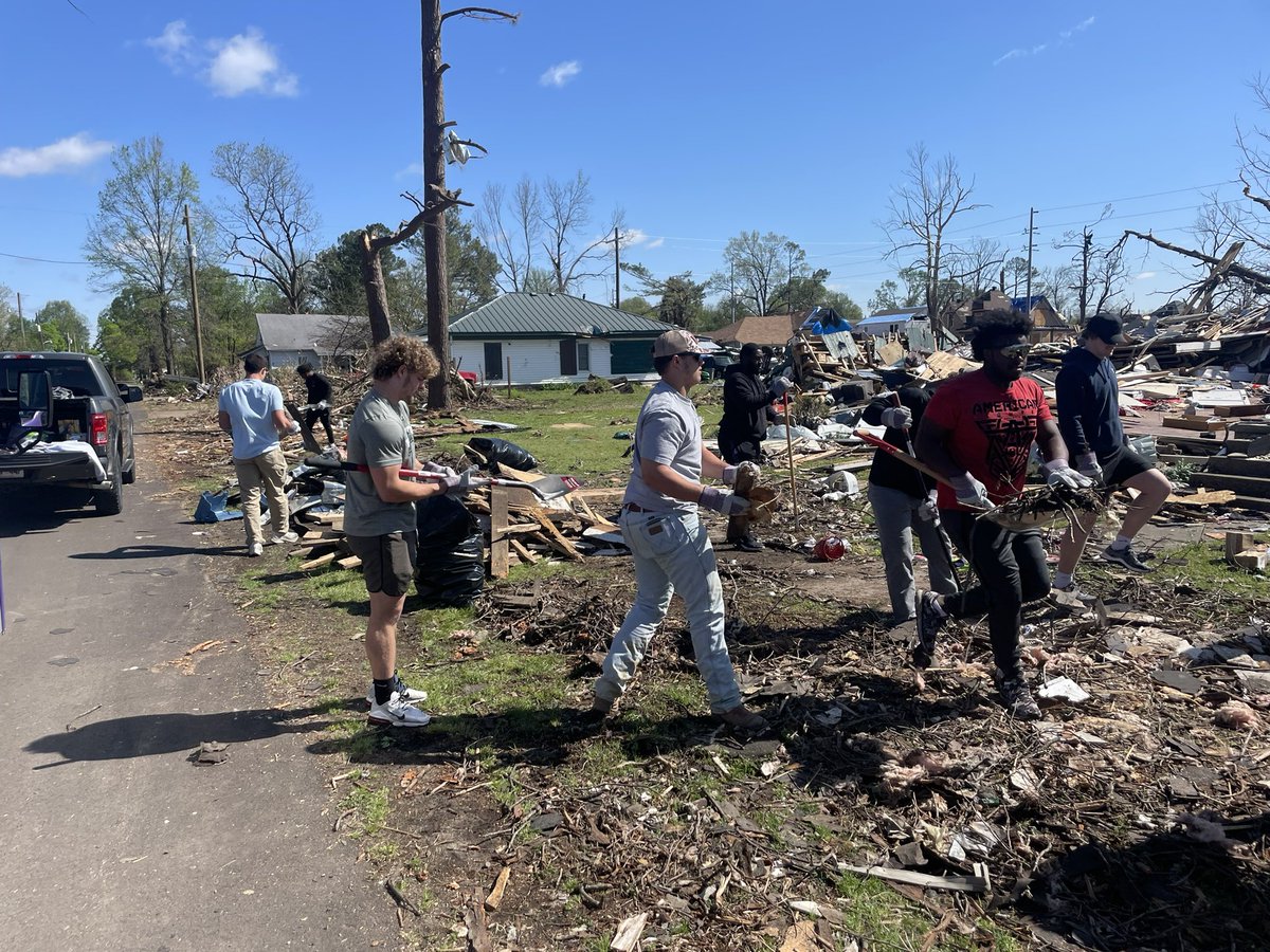 We’re so grateful that some of our Bears had the opportunity to travel to East Arkansas today to help with the Wynne Tornado cleanup. This is going to be a long process. It’s going to take a lot of time and resources. Please keep our fellow Arkansans in your thoughts and prayers.