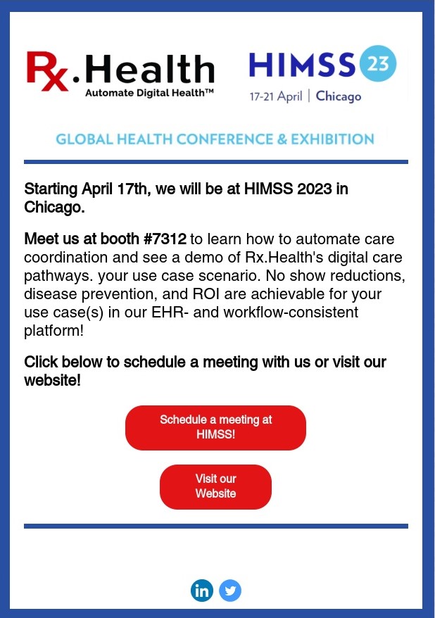 Rx.Health (@rx_health) on Twitter photo Meet us at booth #7312 at #himss2023!!!!
<a href="/rstrobridge/">Rick Strobridge</a> <a href="/NeriCohen/">Dr. Neri Cohen</a> <a href="/Sarthakkakkar10/">Sarthak kakkar</a>
#healthcareIT #wholepersoncare #healthequity #healthinnovation Meet us at booth #7312 at #himss2023!!!!
<a href="/rstrobridge/">Rick Strobridge</a> <a href="/NeriCohen/">Dr. Neri Cohen</a> <a href="/Sarthakkakkar10/">Sarthak kakkar</a>
#healthcareIT #wholepersoncare #healthequity #healthinnovation