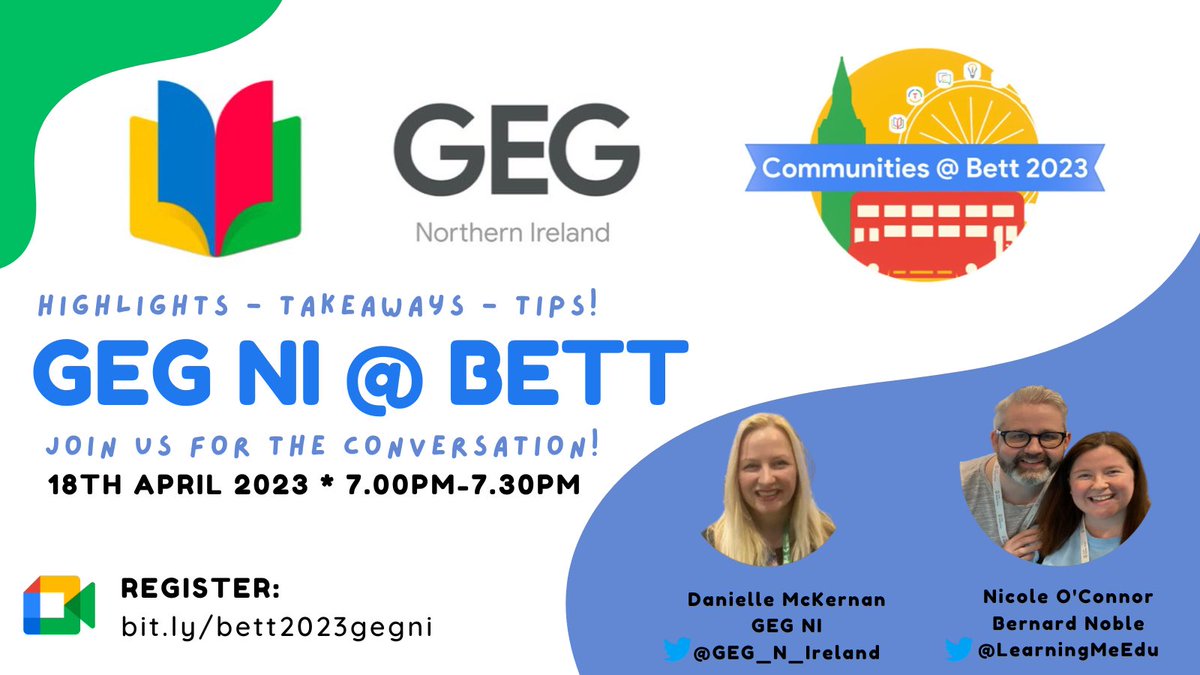 We are sharing our @bettshow highlights, key takeaways and tips for next year! Come join the conversation with Danielle, Nicole & Bernard as we relive all the @GoogleForEdu goodness and more! #BETTCommunities Register here: bit.ly/bett2023gegni