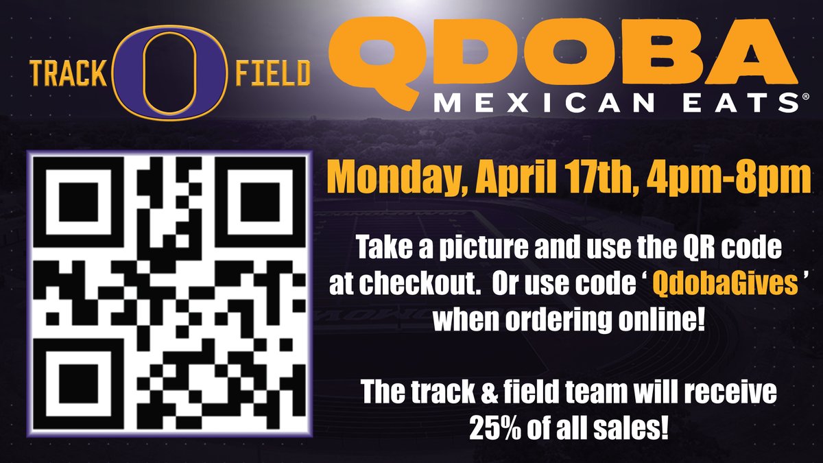 ocontf's tweet image. Let's get Qdoba tomorrow between 4-8pm Monday, April 17th to raise funds for the track team!

Visit the Oconomowoc Qdoba and scan the QR code below during checkout or order online and use code 'QdobaGives' at checkout!

order.qdoba.com