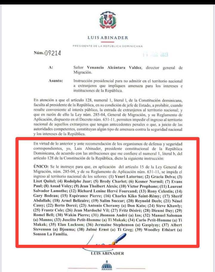 HotdropsLayer2's tweet image. Prezidan Repiblik Dominikèn nan @luisabinader, entèdi tout Ayisyen Etazini ak Kanada sanksyone pou dròg ak koripsyon, sitirè gang yo rantre Sendomeng. Abiner pran desizyon sila 14 Avril 2023 a nan yon kominike.