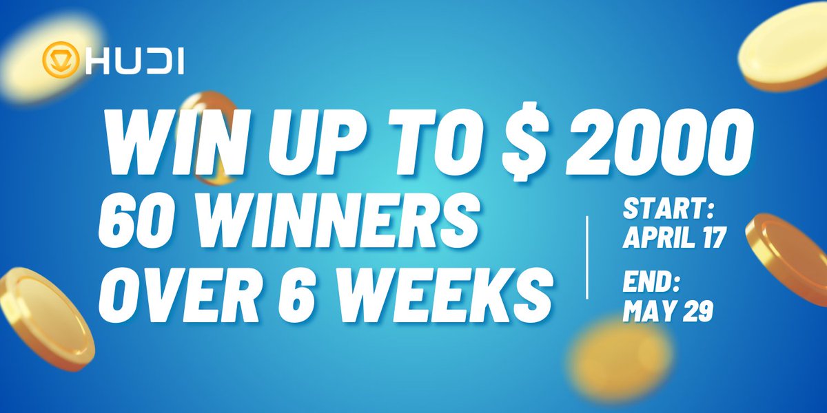 🎁 Celebrate HUDI Token Listing &amp; WIN BIG! 🎉

From April 17-May 29 join TO WIN up to $2000 in HUDI TOKEN 📈

To enter:

🤝Retweet&amp;Follow <a href="/humandataincome/">HUDI</a>
✅ Create your HUDI account: humandataincome.com
🔥 Complete the quests inside HUDI’s Launchpad

🏆 60 winners over 6