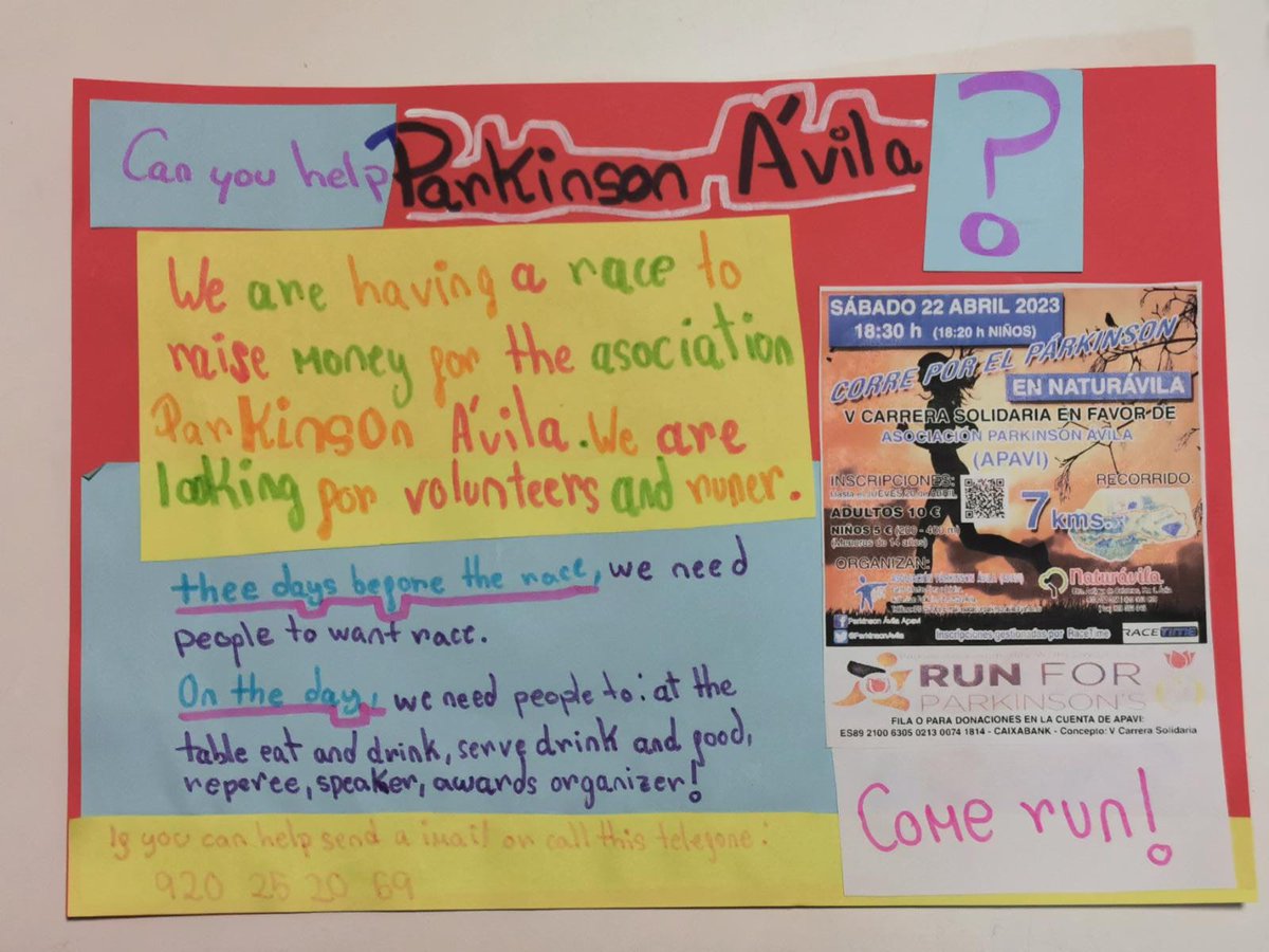 Iria, menor y corredora habitual de la carrera solidaria por el #Parkinson en <a href="/NaturavilaGolf/">Naturávila Golf</a>, nos envía su tarea para la clase de Inglés: promocionar algún evento especial que tuviera lugar pronto... Mirad lo que eligió 👇🤗🌷🤸 ¡Muchísimas gracias, Iria! Nos vemos el sábado 🤗