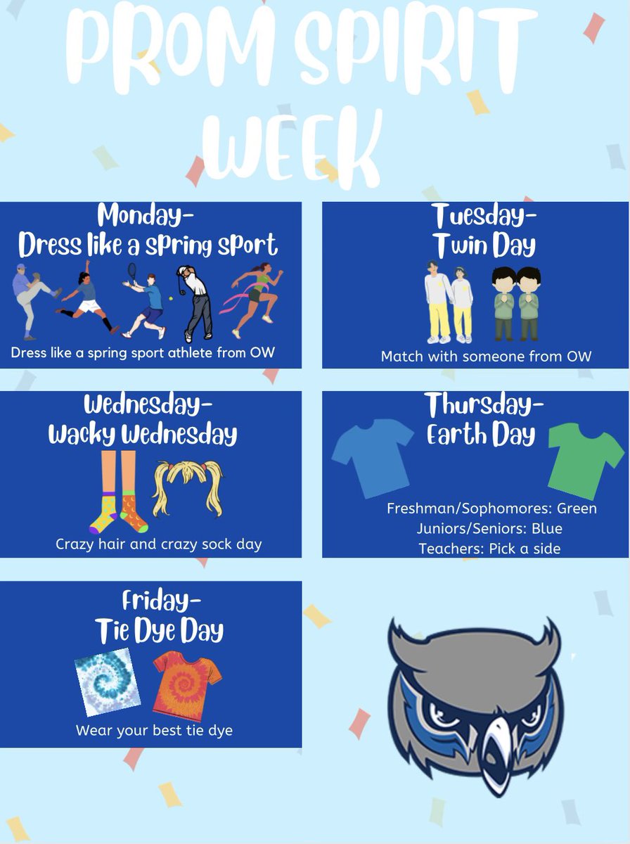 TheOWLSfamily's tweet photo. Reminder about Spirit Week! 😎 #PromWeek https://t.co/kqyrk8kKPS