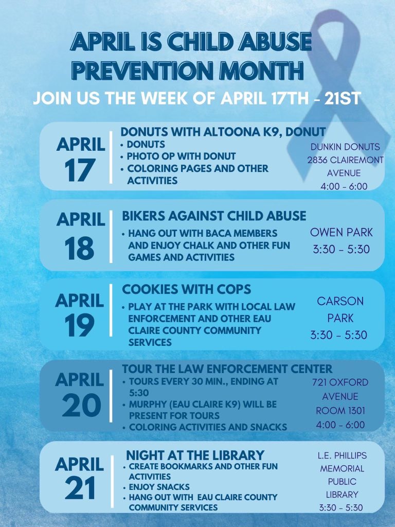 Some fun events this week for Child Abuse Prevention Month, including Donuts with Donut Monday night. Donut will also be at the Courthouse tours Thursday night! Come check out this weeks events!
