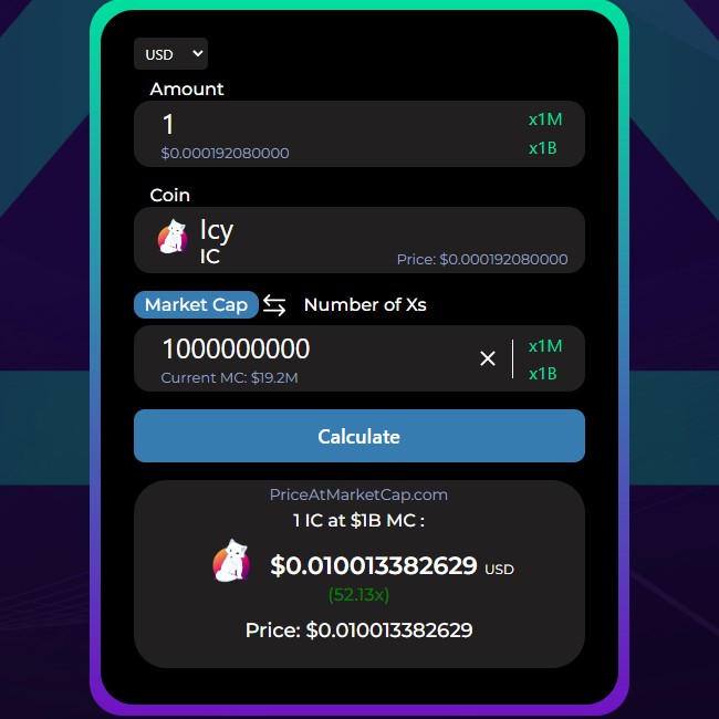 PriceAtMCap's tweet photo. ๐ฅถ If $IC (@TailofIcy) reaches $1B MC, that would be a 52x!
๐ฅ Calculate now the value of your tokens of any coins at a specific market cap on https://t.co/8iMCkac8zC !
#PriceAtMarketCap #Crypto #Cryptocurrencies #CryptoCalculator #CryptoSimulation #CryptoTool https://t.co/P05TZHzjkW