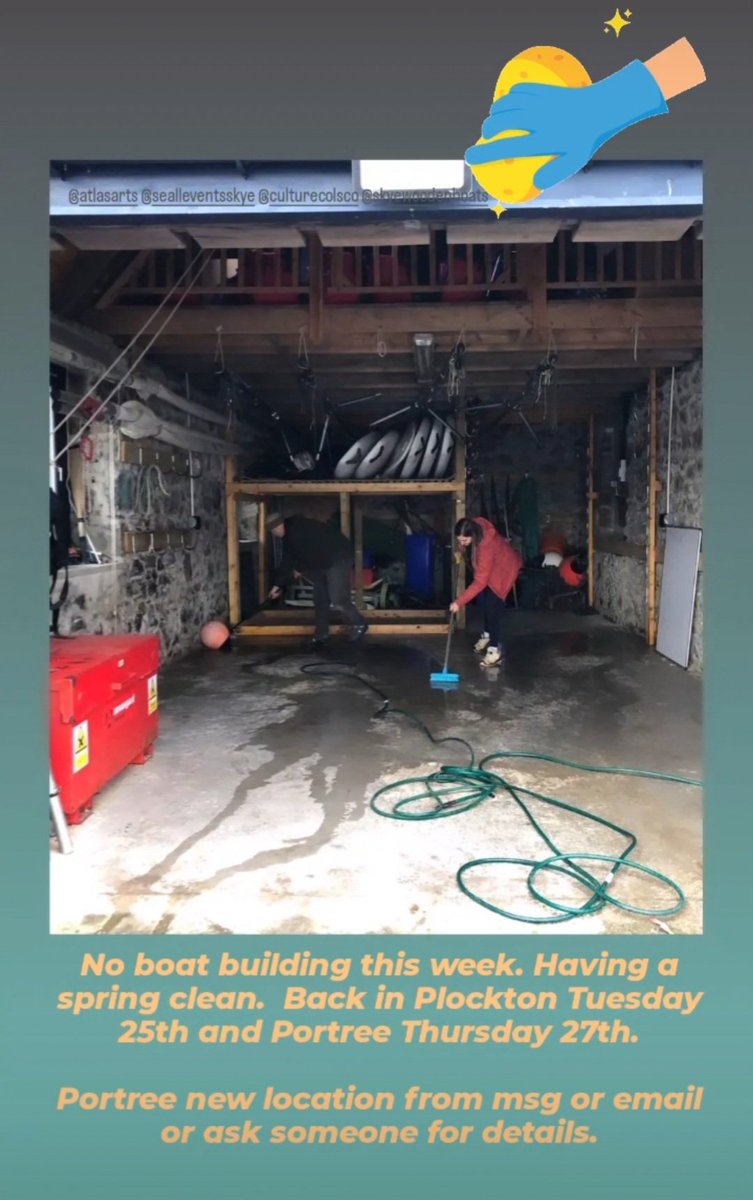 No boat building this week, having a spring clean. Back Tuesday 25th in Plockton and Thursday 27th in Portree. New location in Portree message row@atlasarts.org.uk for details.

<a href="/CultureColSco/">Culture Collective</a> <a href="/skyeatlas/">ATLAS Arts</a> <a href="/SEALLEventsSkye/">SEALL Events</a> #fromplocktontoportree