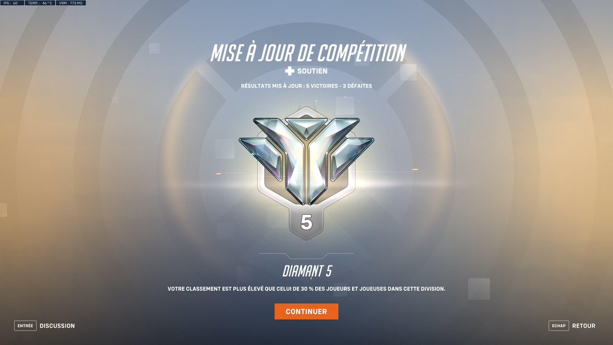 Vous imaginez pas la satisfaction derrière cette photo. Après 4 PUTAINS de round ou je gagnais 5 victoires pour 4 défaites et je restais Plat1 (voir downgradait a Plat 2) le retour à ce Elo fait du fucking bien.. Surtout en Heal

Juste putain d'heureuse :3