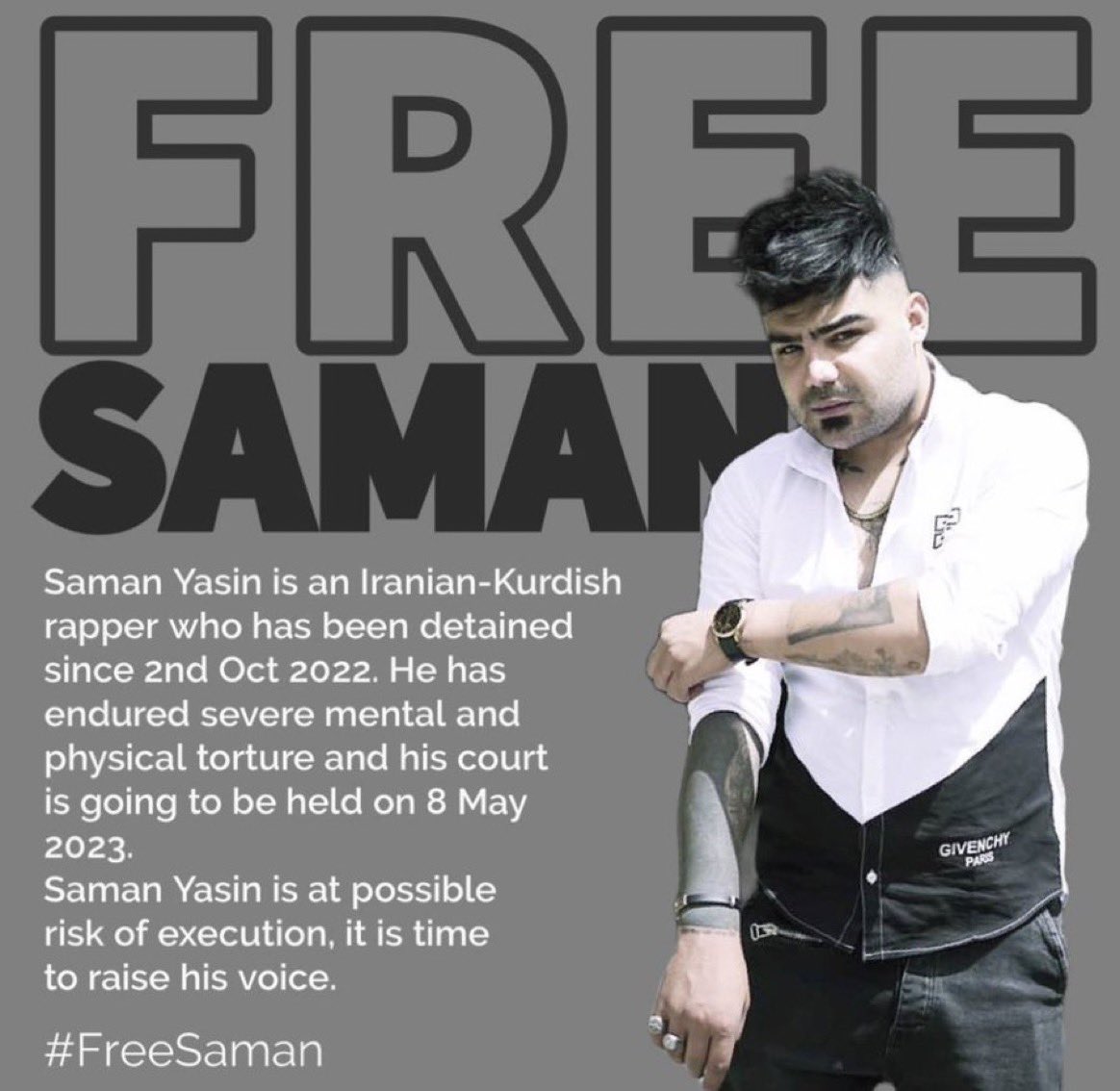 Shahinlooo's tweet photo. Saman Yasin, Iranian-Kurdish rapper, has been unjustly imprisoned by the IRGC since Oct 2nd, 2022.

The severe abuse Saman has been subjected to in solidarity confinement has left him traumatized & even led him to attempt suicide. 

His trial will be held on May 8th. Saman is in imminent risk of an execution. Say his name. Be his voice!
#SamanYasin 
#MahsaAmini