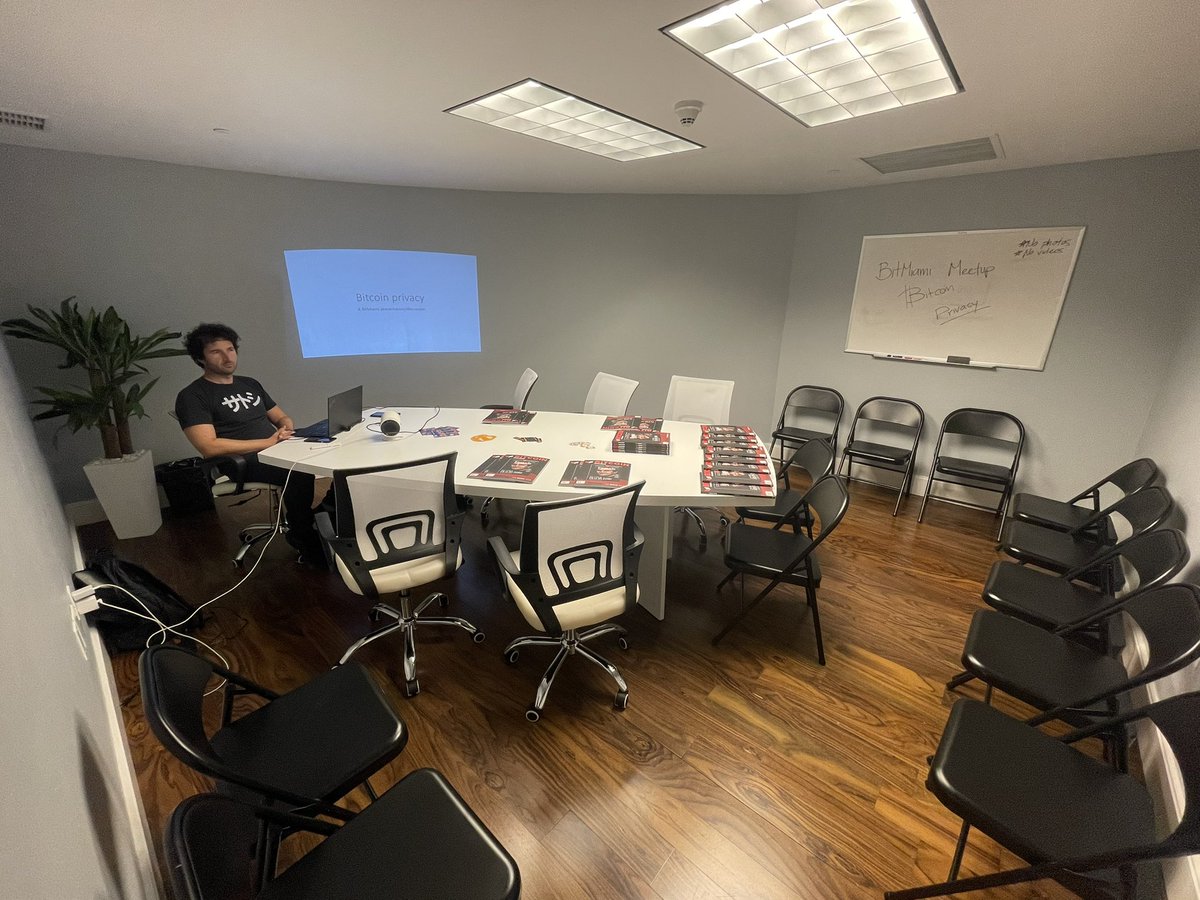 BitMiami305's tweet photo. Getting ready for our #bitcoin  privacy meetup coming up! Shout out to @BitcoinMagazine @MoonMortgageio for the care package. Our #bitmiami community appreciates the magazines and stickers 🧡 https://t.co/kP0pLhVPow