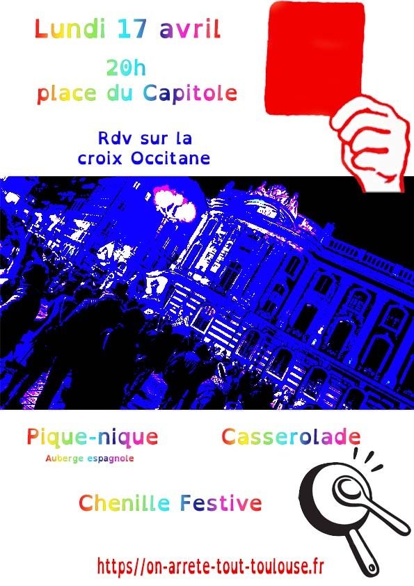 Et voici plus d'infos! 
➡️ Amenez de quoi pique-niquer, faire un max de bruit (casseroles, instruments, corne de brume..! ) et de quoi mettre Macron hors jeu! 🟥 ⚽️
On se retrouve sur la croix occitane!
#CartonRouge #MacronHorsJeu
#GreveBlocagesPiqueNiqueSauvage