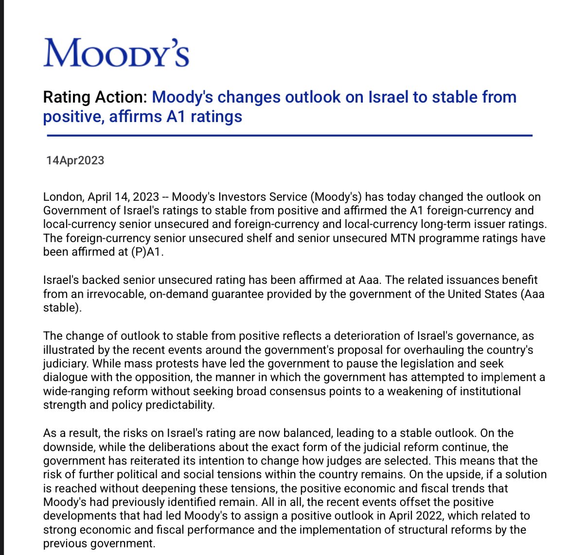 Moody's downgrades Israel's credit rating citing concern about the government's effort to neuter the judicial branch