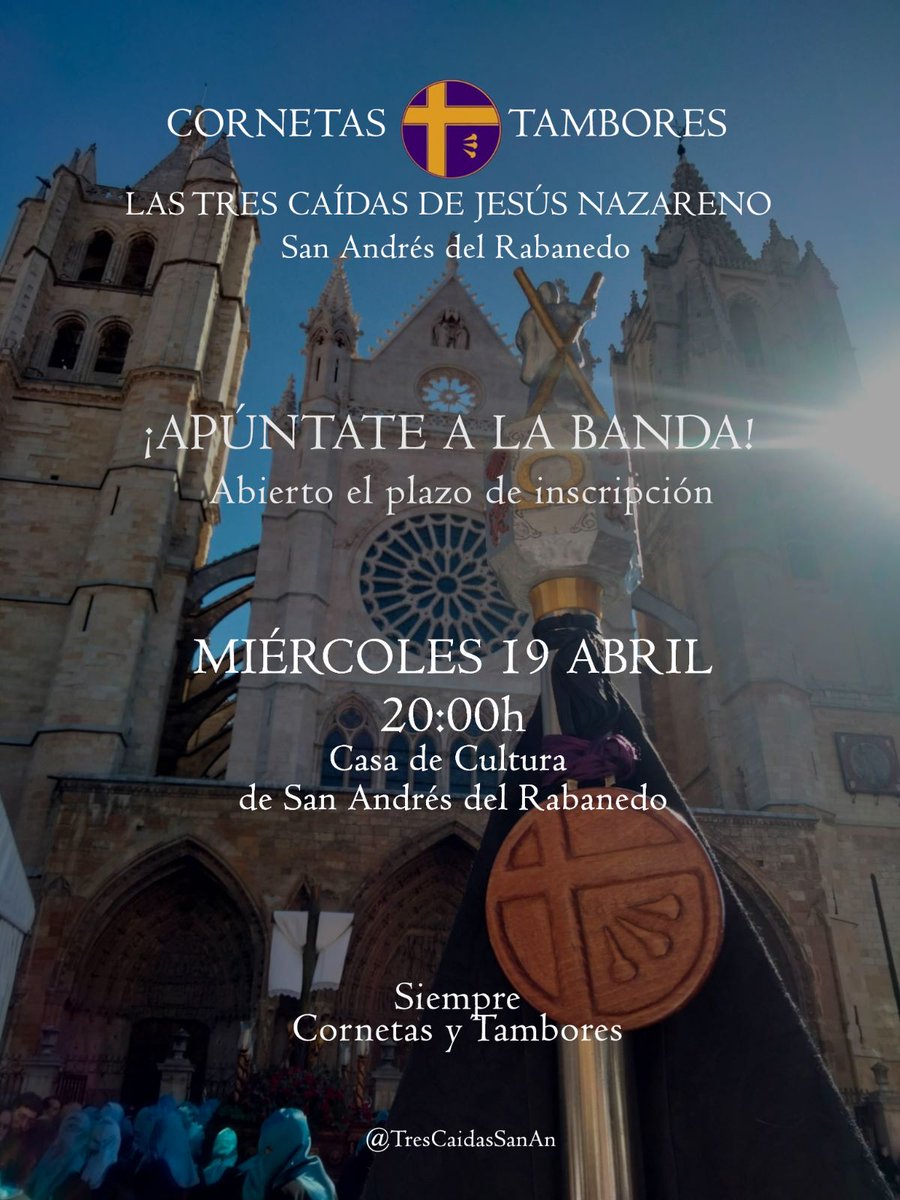 Nos vemos el MIÉRCOLES 19 de ABRIL a las 20:00 en la CASA DE CULTURA de San Andrés del Rabanedo.

Retomamos los ensayos, los sueños y las ilusiones.

¡¡OS ESPERAMOS!!

Siempre Cornetas y Tambores
💜💛🤍